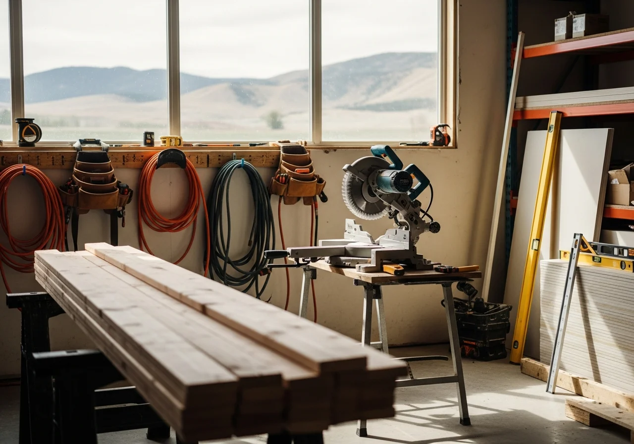 Construction crew tools and equipment on a residential job site, ready for framing and remodeling work.