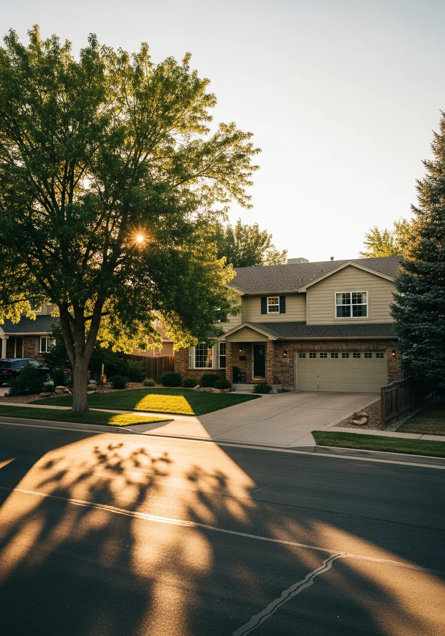 Aurora neighborhood street with typical residential properties and mature landscaping.
