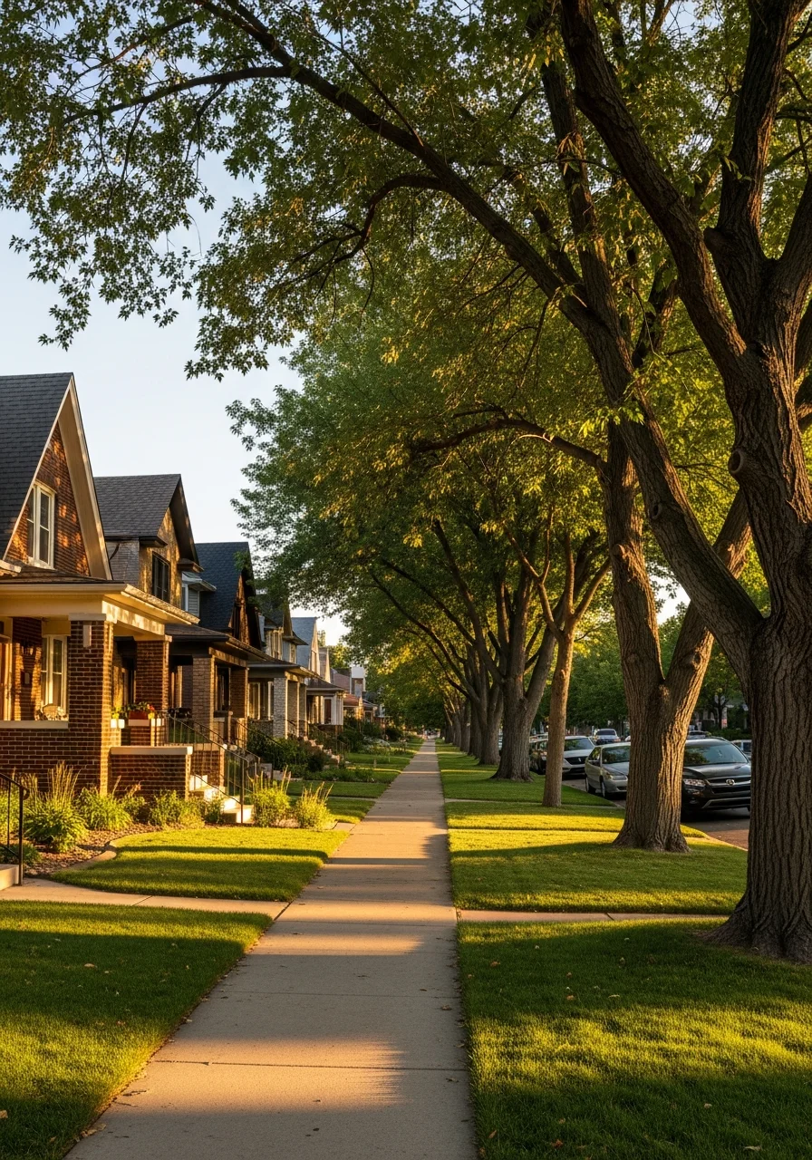 Typical Denver residential street with historic and mid-century homes, tree-lined sidewalk.