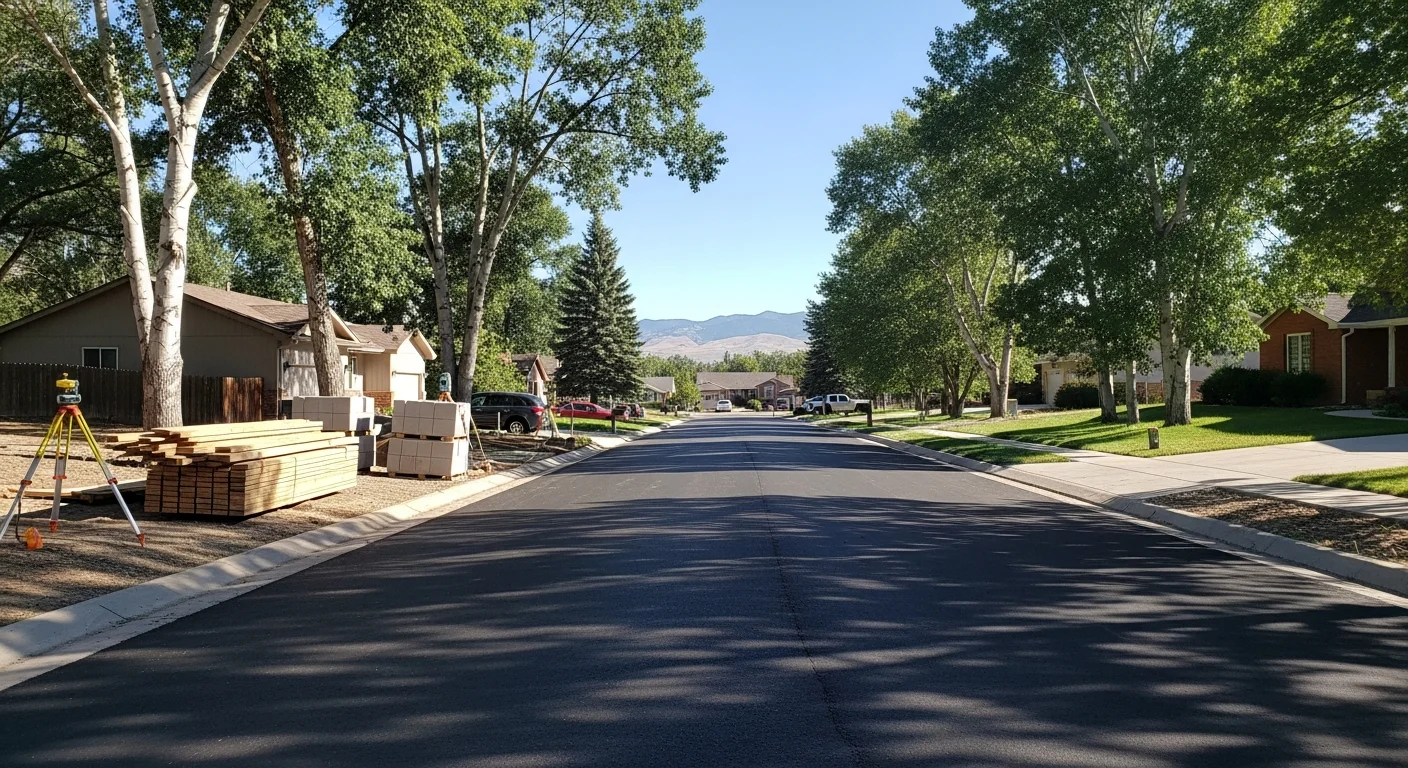 Suburban Thornton street with new and established homes, wide tree-lined road, clear blue sky.