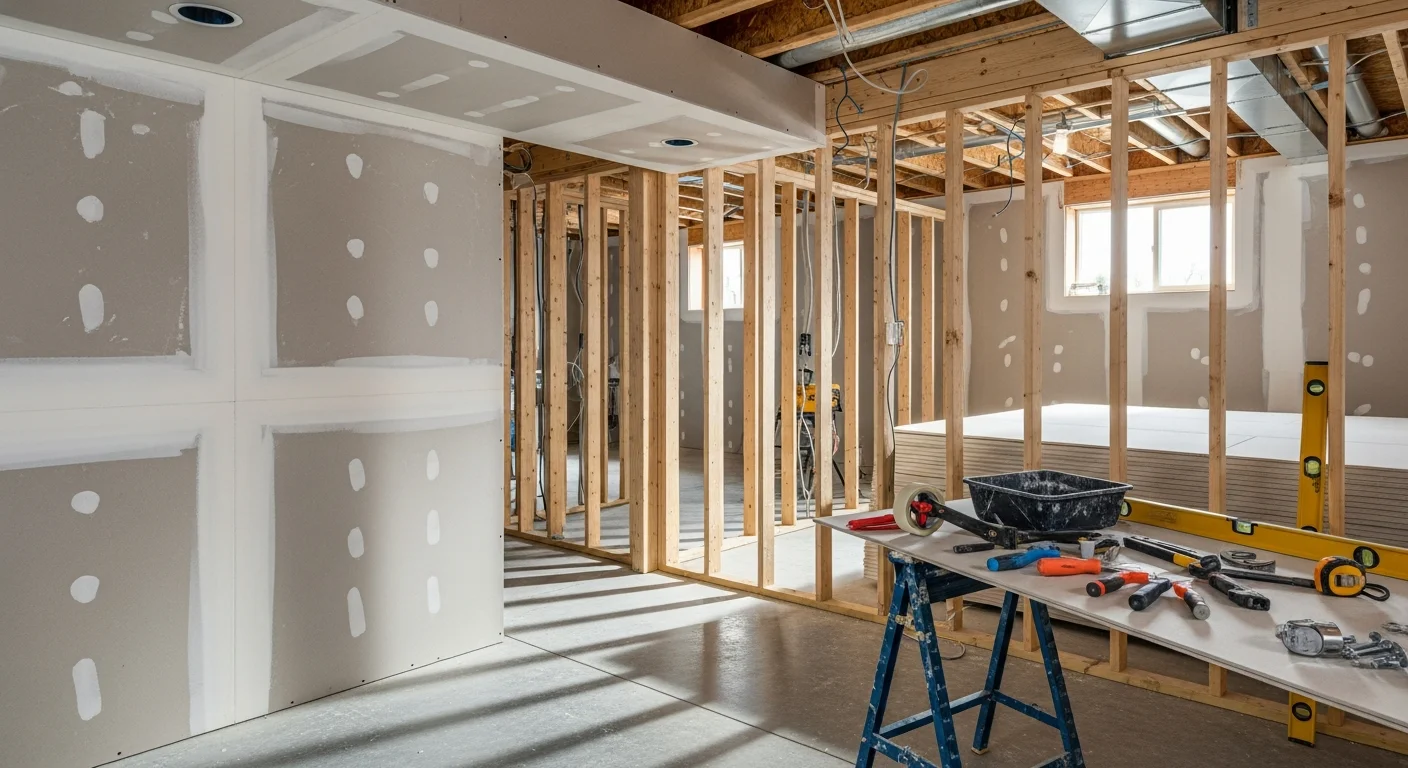 A newly finished basement in a Thornton, Colorado home showing framed walls, recessed lighting, and luxury vinyl plank flooring in a clean open layout. The space is set up as a combination home office and guest room, reflecting a typical Front Range basement finishing project by Redline Builders.