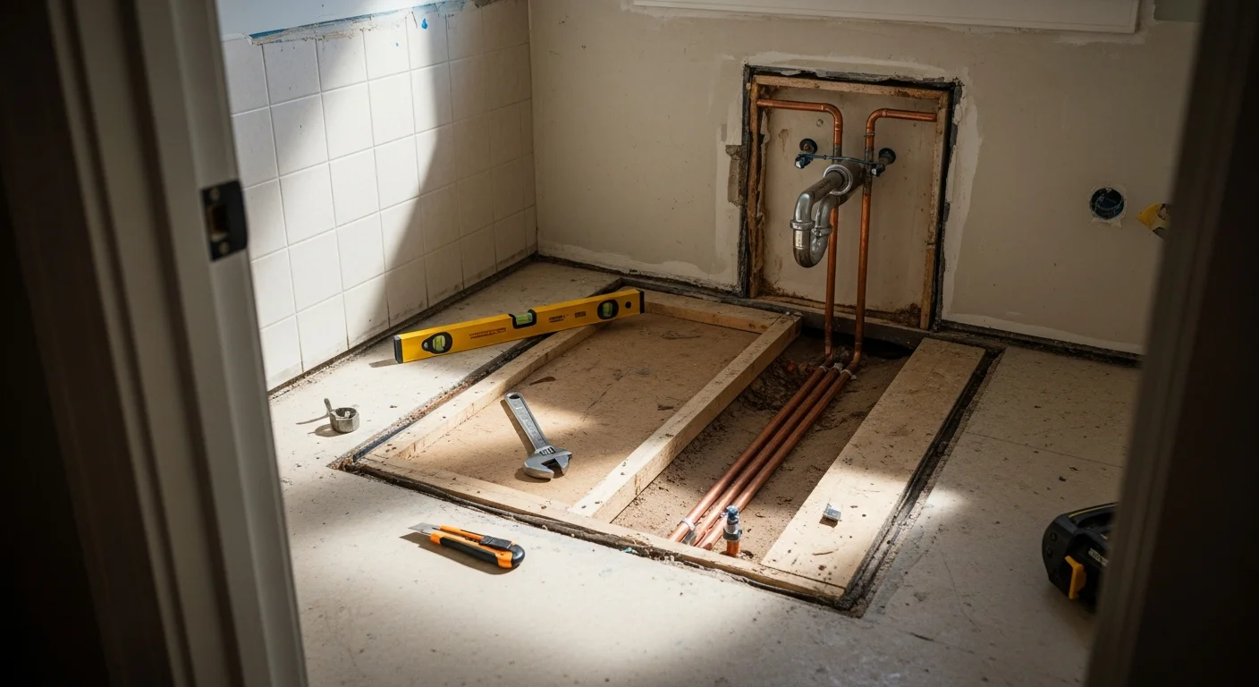 A remodeled bathroom in a Denver-area home featuring a walk-in shower, updated vanity, and tile flooring completed by Redline Builders. The finished space reflects a clean, functional layout suited to Front Range residential construction.