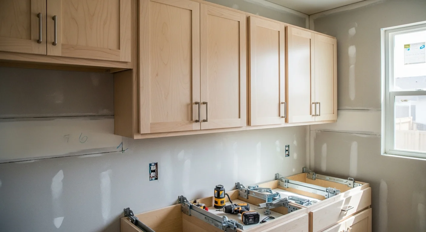 Newly installed white shaker kitchen cabinets with open shelving in a remodeled home in Thornton, Colorado. Upper and lower cabinet runs are fully aligned, with clean joints and hardware in place above a bare countertop area awaiting countertop installation.