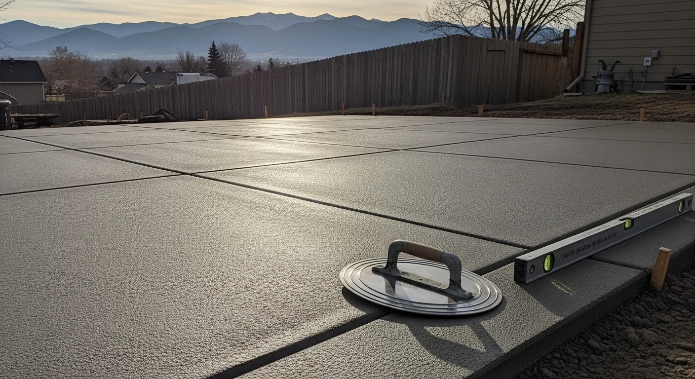 Freshly poured concrete driveway and walkway at a residential property in the Denver metro area, showing smooth flatwork with control joints and clean edges. Surrounding landscape reflects typical Front Range suburban construction in communities like Thornton or Arvada, Colorado.