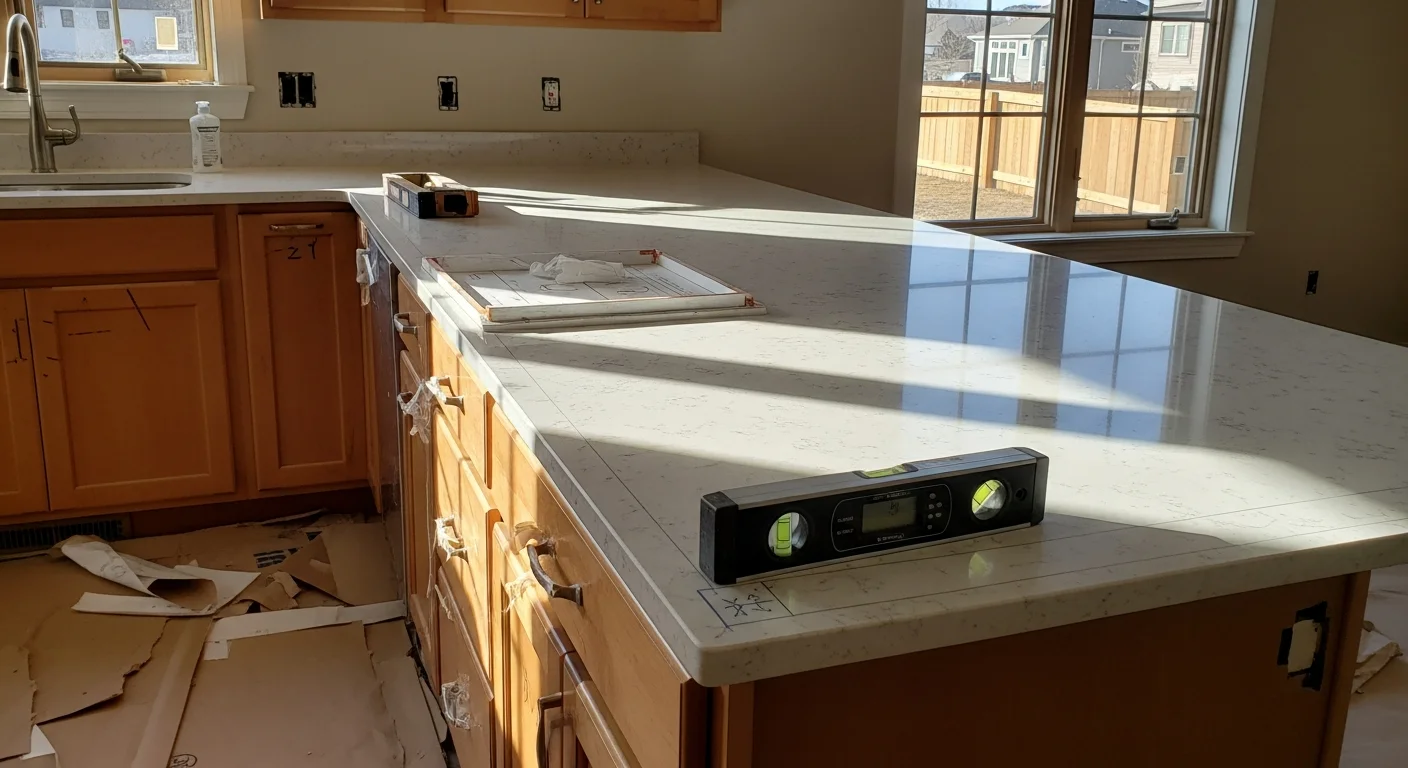 Newly installed stone countertops in a remodeled kitchen in Thornton, Colorado, with clean edge profiles and a flush undermount sink cutout. The surface runs along full-length base cabinets in a bright, open kitchen layout typical of Front Range homes.