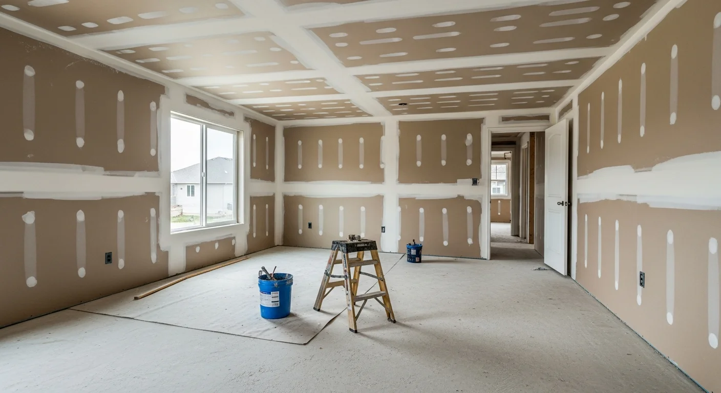 A freshly drywalled interior room with smooth, taped, and sanded walls ready for paint in a residential home in the Denver metro area. A Redline Builders crew member applies joint compound to ceiling seams during a basement finishing project in Thornton, Colorado.