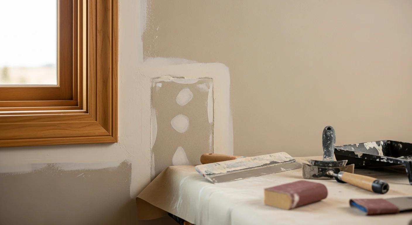 A freshly repaired and smoothly finished interior wall in a Denver metro area home, showing a seamless texture match where a damaged drywall section was patched and prepared for paint. A Redline Builders technician applies a final coat to a ceiling crack repair in a Thornton residential living room.