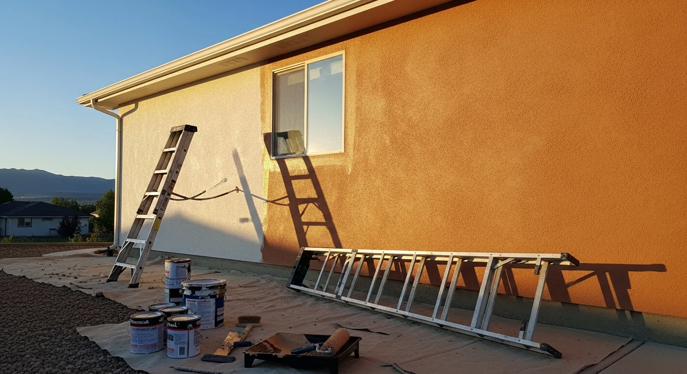 A two-story suburban home in Thornton, Colorado with freshly painted exterior siding and trim, showing clean lines and even color coverage on a clear day. The home's south-facing facade displays a muted earth-tone finish applied by Redline Builders.