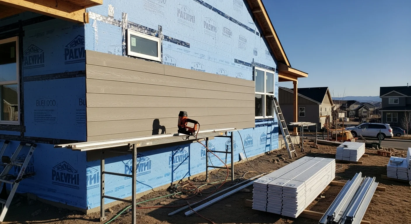 Freshly installed exterior siding on a two-story residential home in the Denver metro area, showing clean panel lines, finished trim, and a weather-tight exterior. The home reflects typical Front Range suburban construction found in communities like Thornton, Arvada, and Castle Rock.