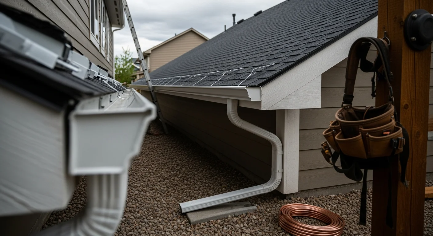 Newly installed seamless gutters on a two-story residential home in Thornton, Colorado, with downspouts positioned along the exterior wall directing water away from the foundation. Clean roofline view showing properly aligned gutter channels against the fascia on a Front Range neighborhood home.
