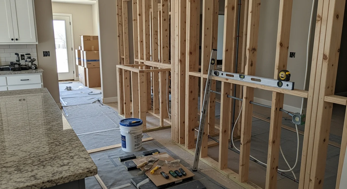 Finished home remodel by Redline Builders showing an open-concept kitchen and living area in a Denver metro residence. Updated cabinetry, flooring, and natural light reflect a complete interior renovation typical of Front Range homes.