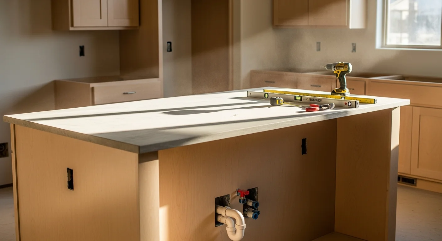 A newly installed custom kitchen island with built-in cabinetry and a stone countertop in an open-concept home in the Denver metro area. The island includes seating on one side and faces a bright kitchen with white perimeter cabinets, reflecting a typical Thornton or Aurora residential remodel by Redline Builders.