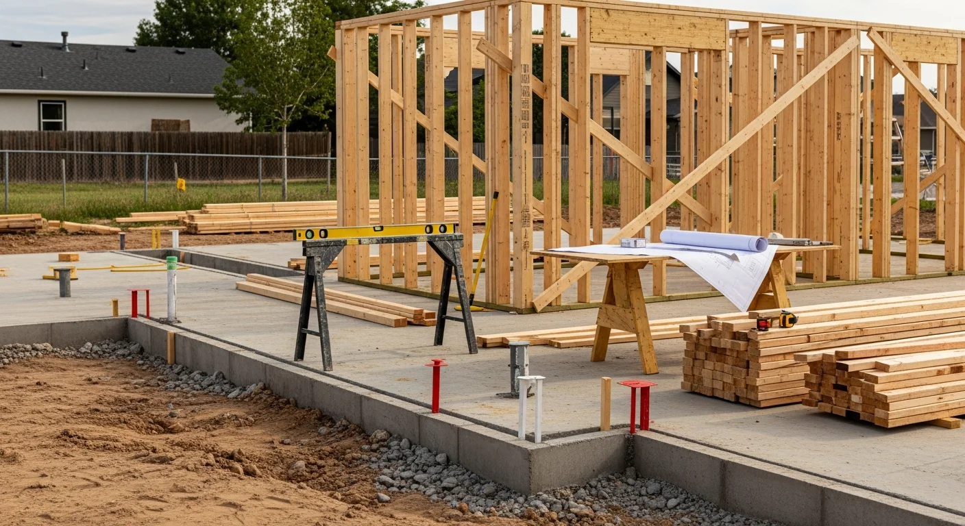 A newly framed single-family home under construction on a residential lot in the Denver metro area, with blue Colorado sky visible above exposed roof trusses and lumber. A general contractor reviews plans on site with construction activity visible in the background.