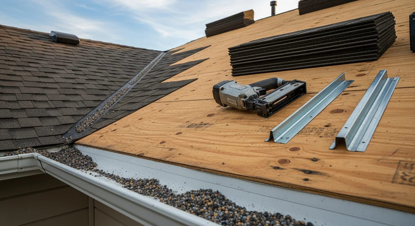 A completed residential roof replacement on a single-family home in the Denver metro area, showing new shingles installed across a pitched roof with clean ridge lines and replaced flashing around roof penetrations. The surrounding neighborhood reflects the suburban Front Range setting common across Thornton, Aurora, and Lakewood.